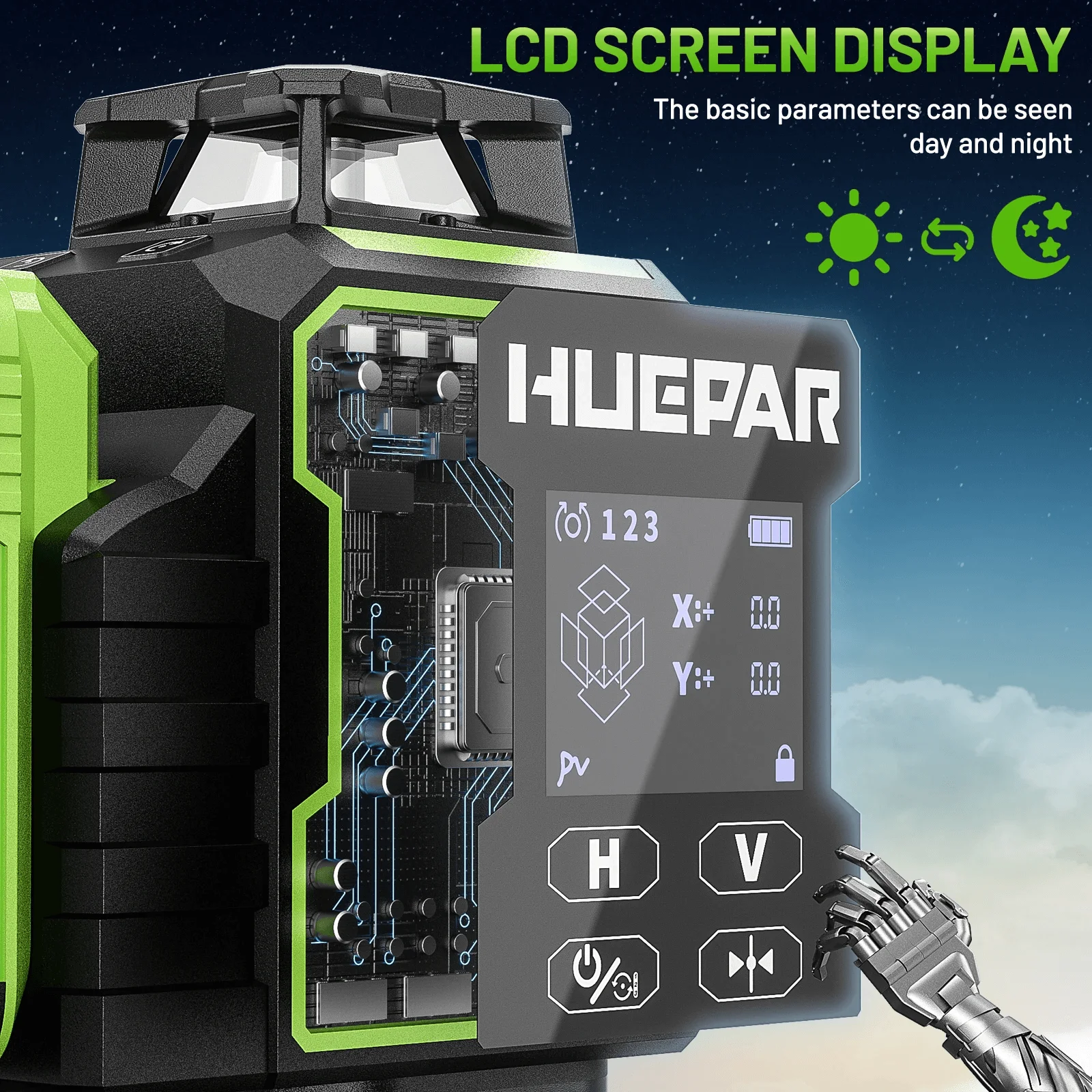 Huepar W04CG Laser Level Green Cross 4D 16 Lines Bluetooth Lazer Leveler With Electric Rotating Base & Large LCD Screen & Remote