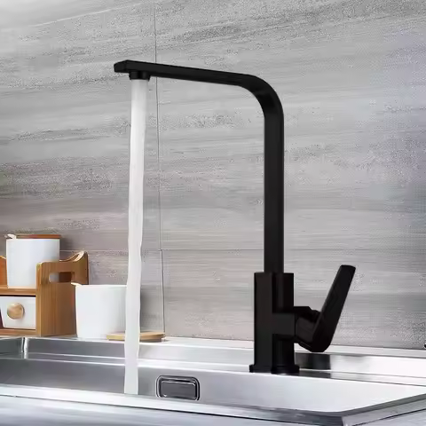 Black Square Kitchen Faucet Hot Cold Utility Kitchen Sink Tap 360 Degree Rotation Mixer Deck Mounted Water Taps