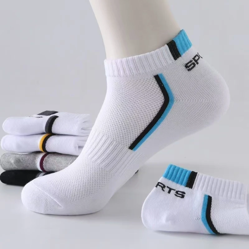 5 par/pack "Sports" calcetines de verano para hombre, calcetines náuticos personalizados, absorción transpirable, calcetines para estudiantes jóvenes, colores mezclados