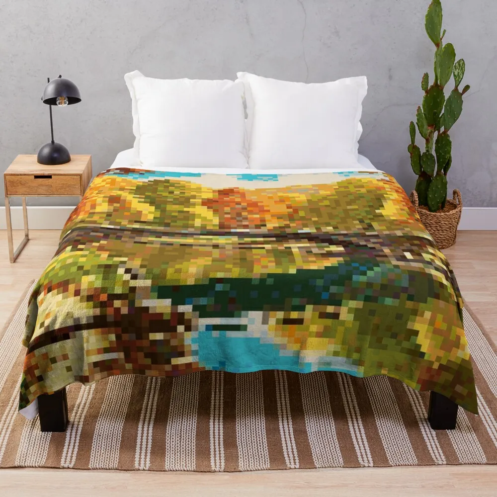 Autumn Bridge Over Tranquil River - Pixel Art Fall Scene Throw Blanket Decorative Beds Bed covers Decoratives Soft Blankets