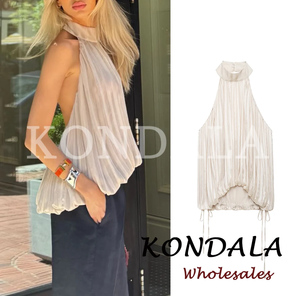 KONDALA Chic Beige Sexy 2026 Woman Top Summer Neck-mounted Pleated Vest Elegant Backless Fashion Backless Female Sleeveless Vest