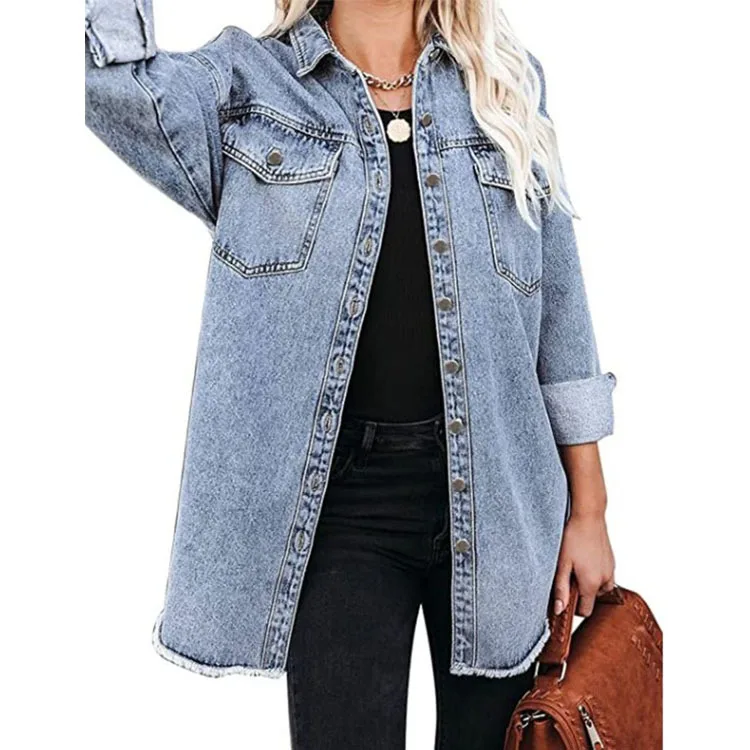 Frauen Button Down übergroße Mid Long Shirt Jeans jacke mit Tasche Herbst Langarm Turn-Down Kragen Jean Biker Mantel