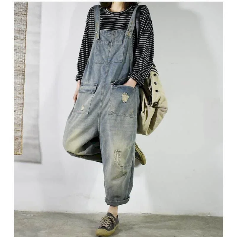 Поп-комбинезоны для женщин, винтажные комбинезоны в корейском стиле, повседневные брюки через плечо, свободные брюки, комбинезоны большого размера для женской одежды