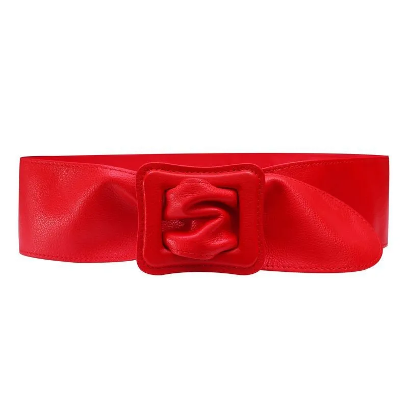 Neue damen taille seal weiche PU leder rot schwarz creme-farbige mode breiten gürtel mode tasche schnalle breiten gürtel kleid spitze zugriffs