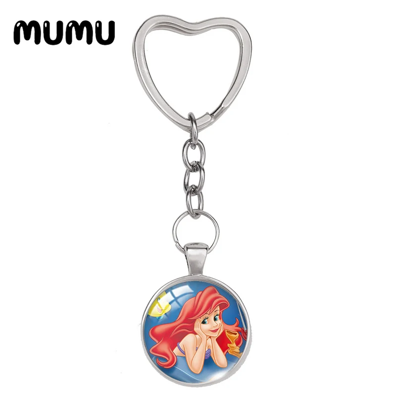 2024 New The Little Mermaid Heart Keyring Ariel Keychain Glass Dome Cabochon Jewelry Gifts Children