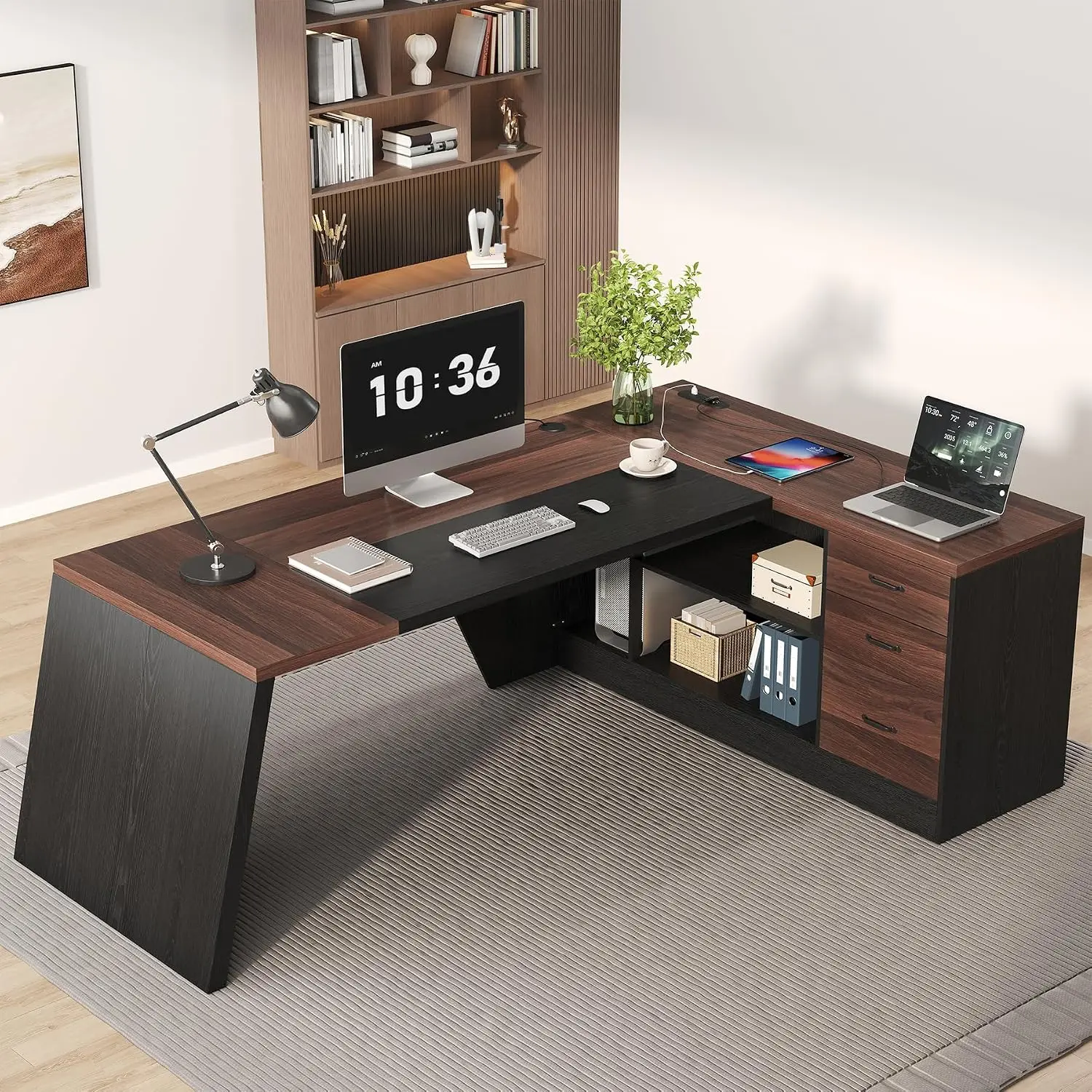 78 Inch L Shaped Executive Desk with Drawers & File Cabinet, Customized