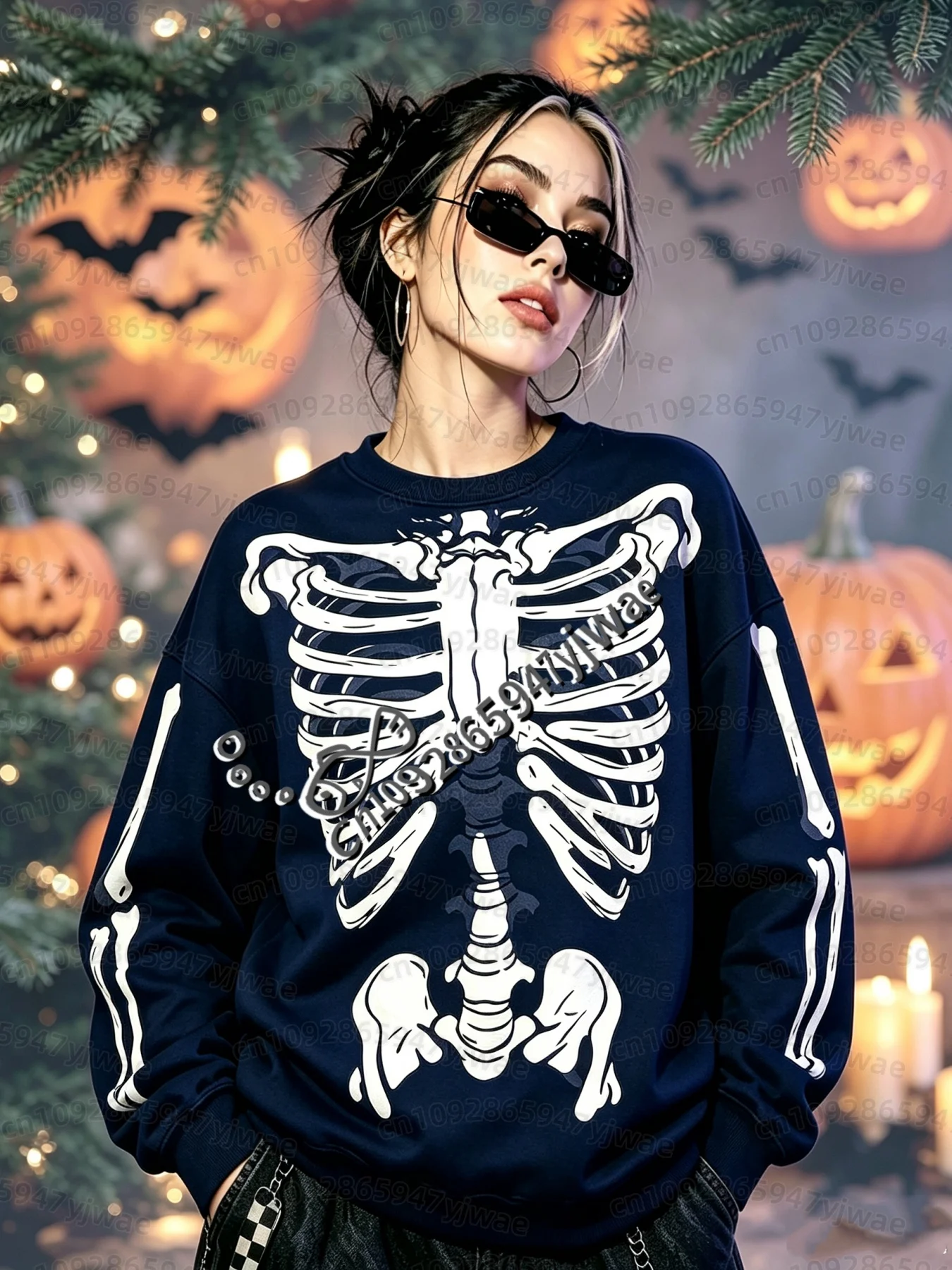 26 Damen Grunge Y2k Oberteile Mädchen Y2k Sweatshirt Goth Damen Hoodies Halloween Cosplay Skelett Knochen Vintage O-Neck Sweatshirt – Detail 13