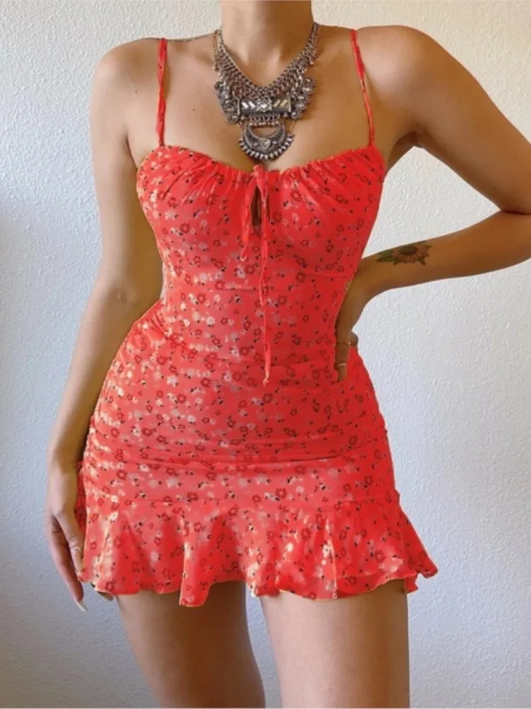 

Sexy Suspender One-length Necklace Mini Skirt Women's Elegant Summer Floral Printing Chest Hollow Casual Slim Dresses Female