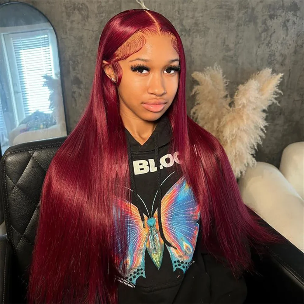 99J Straight Burgundy Red Lace Front 18-36inch 180 200 Density Brazilian Human Hair Wigs 13x4 13x6 HD Lace Frontal Wig