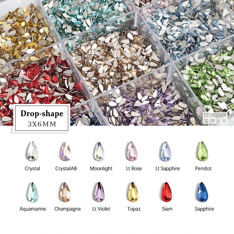 Glass Crystals Shiny Drop 3x6MM Nail Art Rhinestones Flat Back 12Color Gems DIY Manicure Decorations Diamond 30/100pcs