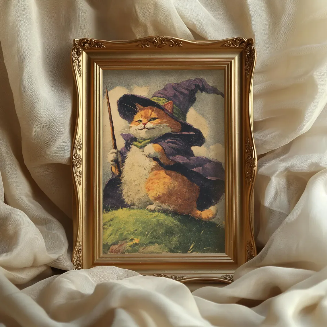 Cat Wall Art Prints, Witch Cats Decor Paintings, Halloween Posters, Whimsical Animal Artworks for Living Room and Bedrooms