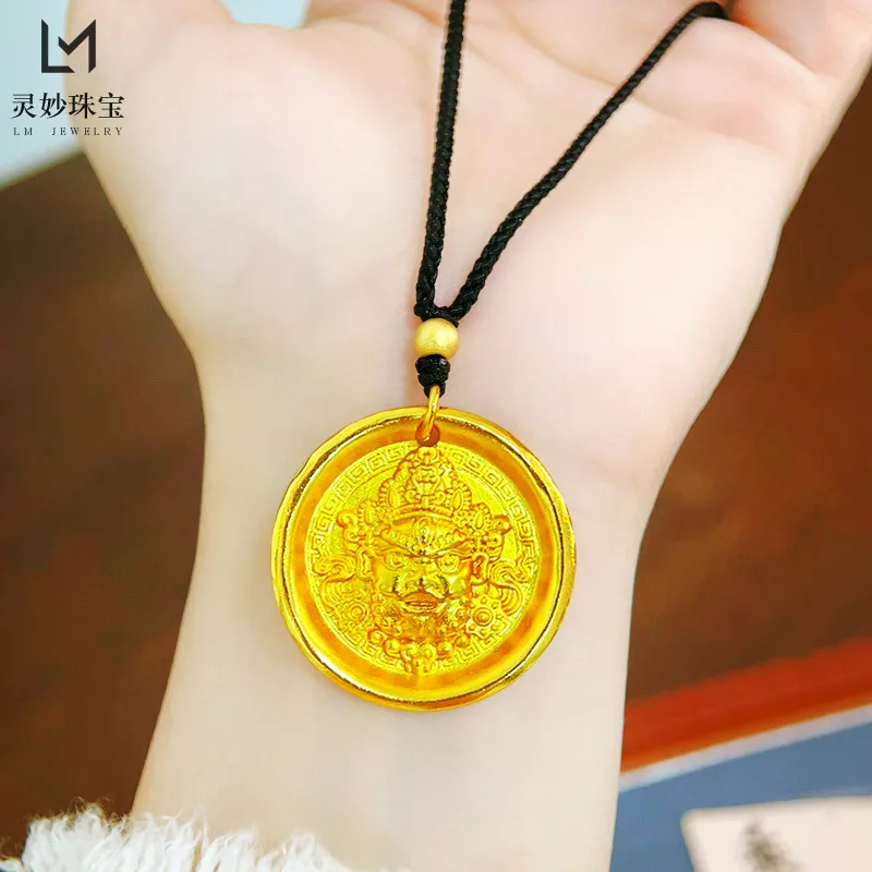 Unisex 24K Gold (AU999) Wealth Roundel Pendant | Gold-inlaid roundel, hammered coin pattern with rotatable clasp