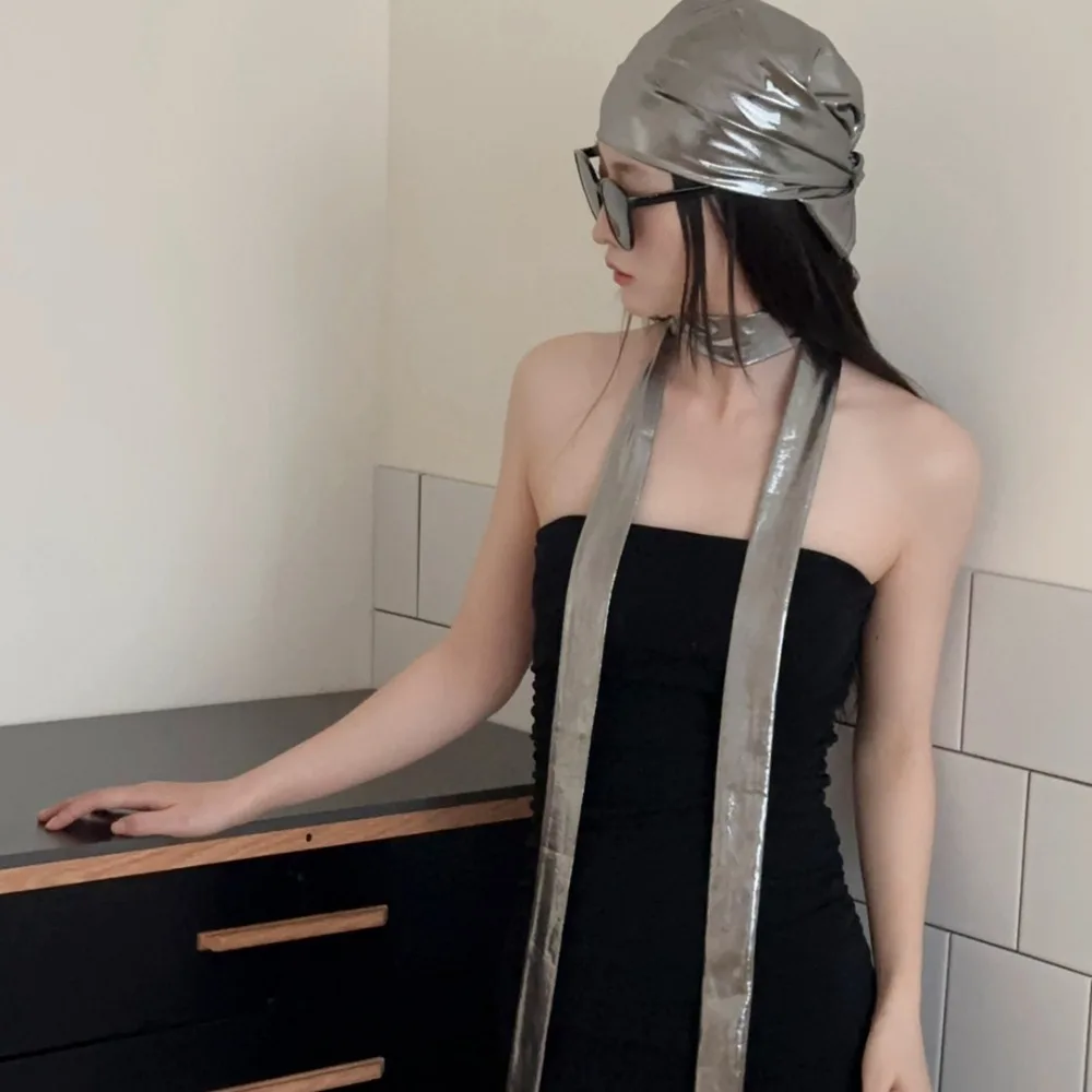 

Y2K жидкий серебряный шарф для волос в стиле хип-хоп, повязка на голову лазерного цвета, повязка для волос, мягкая накидка, тонкий шарф, бандана в стиле панк, уличная одежда