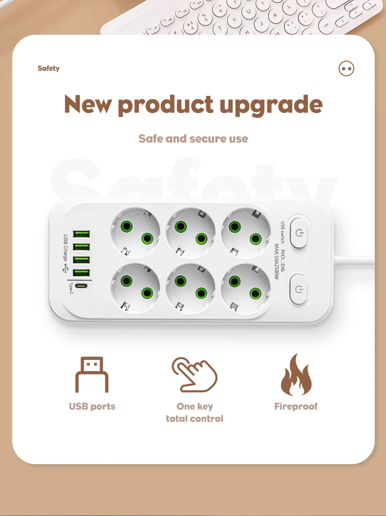 EU-Stecker Mehrfachsteckdose mit 2m Verlängerungskabel, Elektrische Steckdose mit Smart-USB, Überspannungsschutz und Netzwerkfilter für Zuhause und Büro – Detail 2