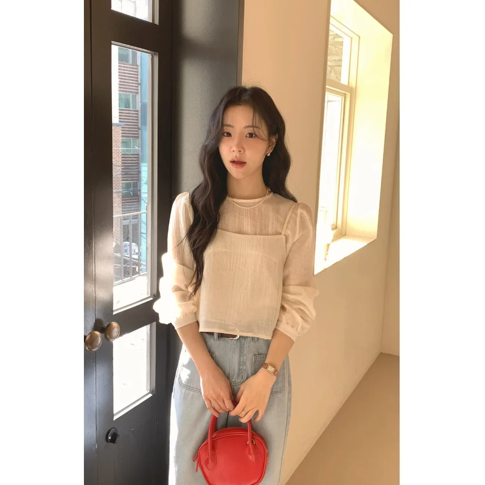 

Unique Long Sve See-tough Tank Top Strap Vest Two-piece Set Korean Sle Loose Fit Polyester Casual Women's Top