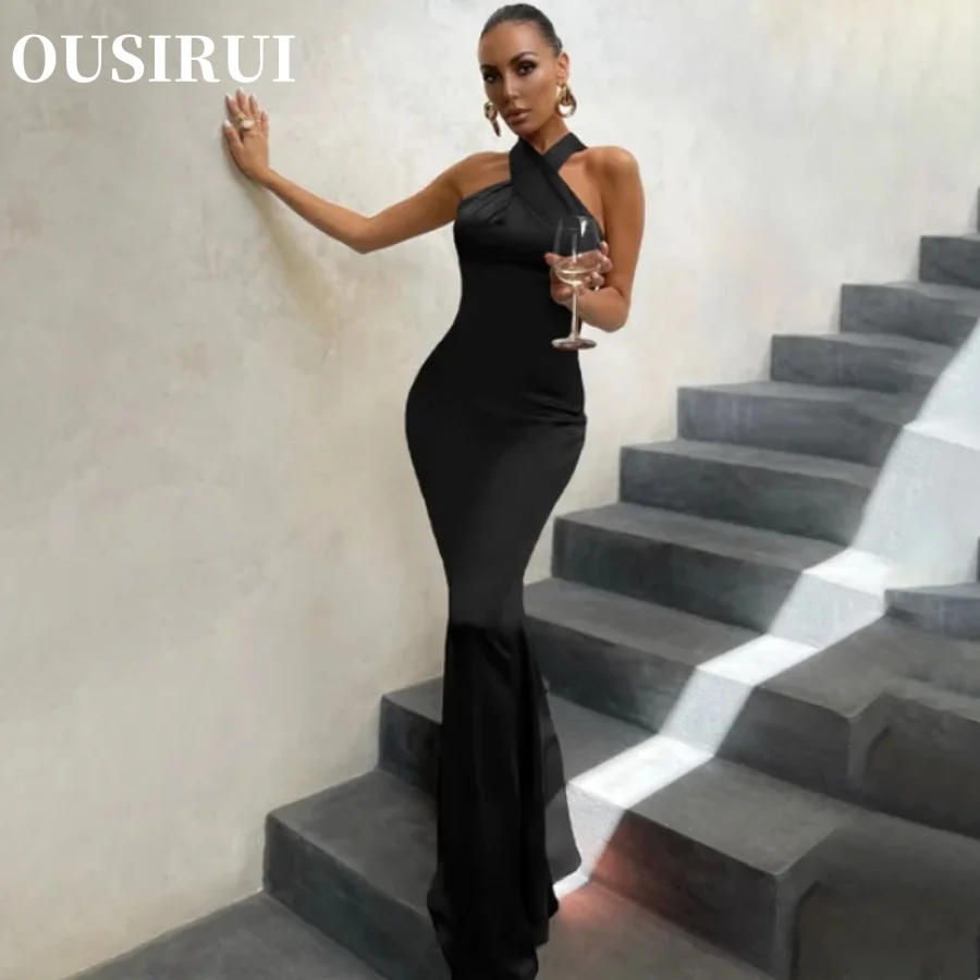 

OUSIRUI Sexy Elegant Party Club Outfit Evening Birthday Clothes Summer Sleeveless Cross Halter Satin Midi Dress Backless Bodycon