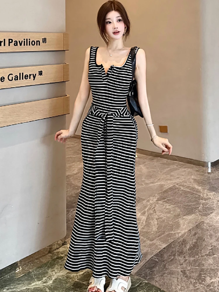 Summer Black and White Striped Square Collar Sling Sexy Dress Women Elegant Luxury Ruffled Long Dress 2025 Korean Bodycon Dress