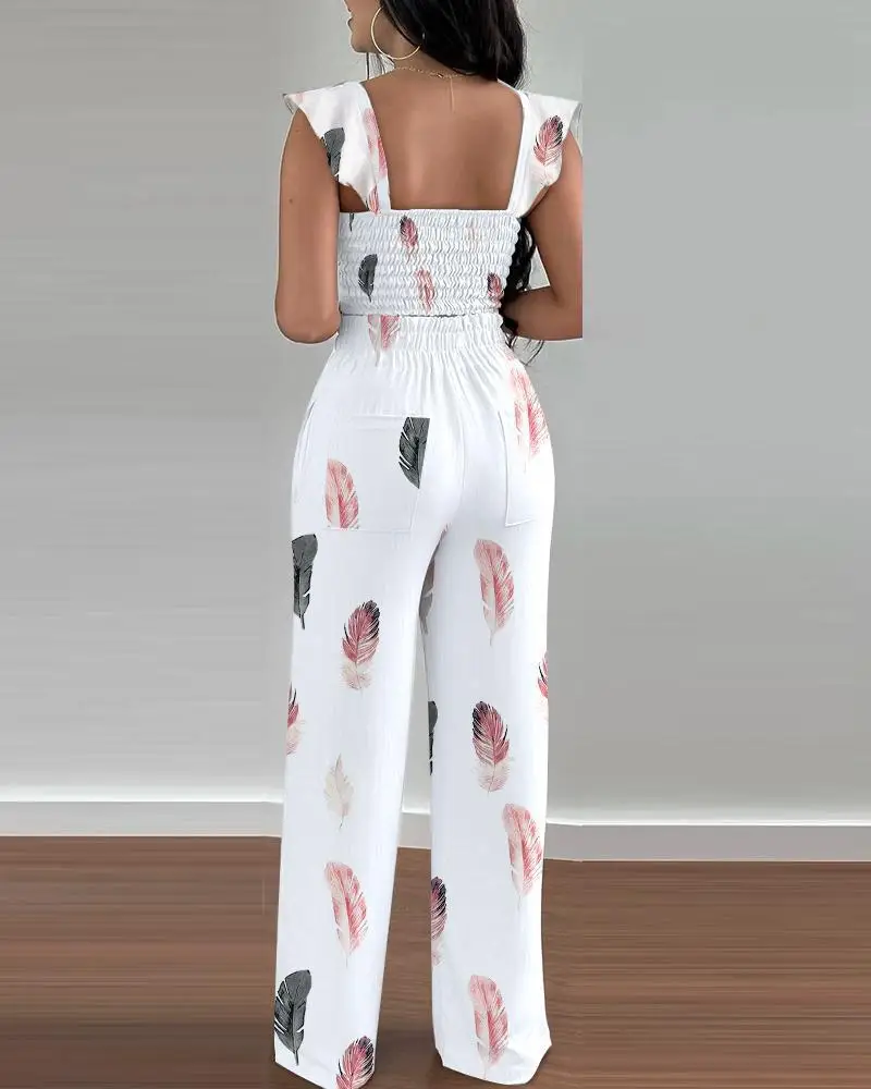 Women Feather Print 2 Piece Set Ruffle Strap V Neck Smocked Back Crop Top Tie Waist Wide Leg Pocket Pants Summer Casual Set