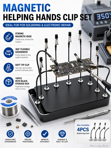 10PCS Magnetic Soldering Helping Hands, Flexible PCB Holder with Alligator Clips & Storage Box for Electronics Repair DIY
