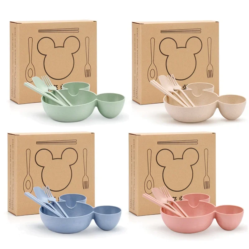 4 pçs disney mickey mouse bebê dividido placa de comida complementar para crianças pratos de jantar colher conjunto meninas louça talheres