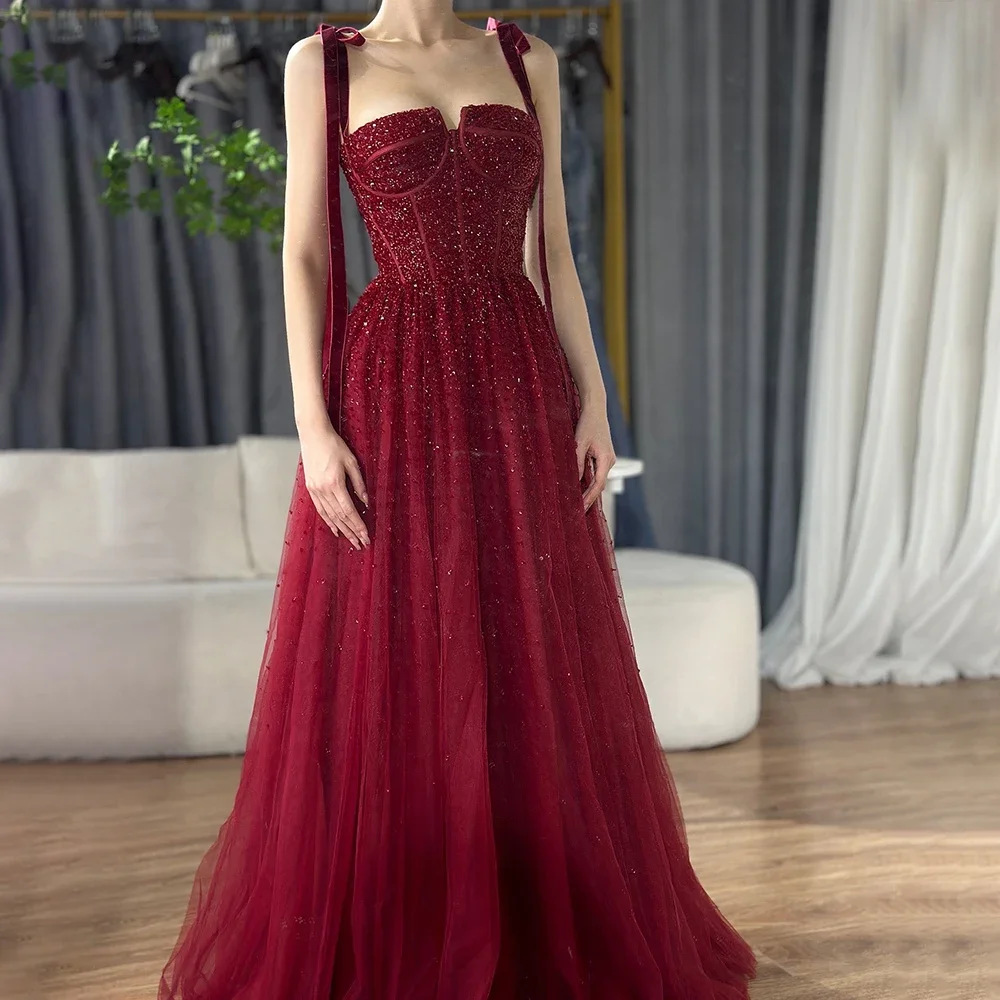 Serene Hill 2024 Saudi Wine Red Beaded Evening Gown Spaghetti Strap A-Line  Floor-Length for  Occasion LA70600A Customized