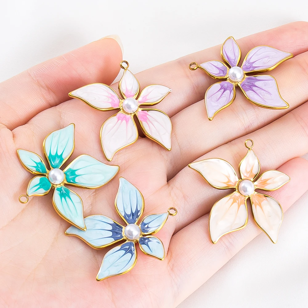 2pcs Stainless Steel Enamel Retro Irregular Petal Flower Earring Charm Gold Plated Pendant Base for DIY Necklace Jewelry Making