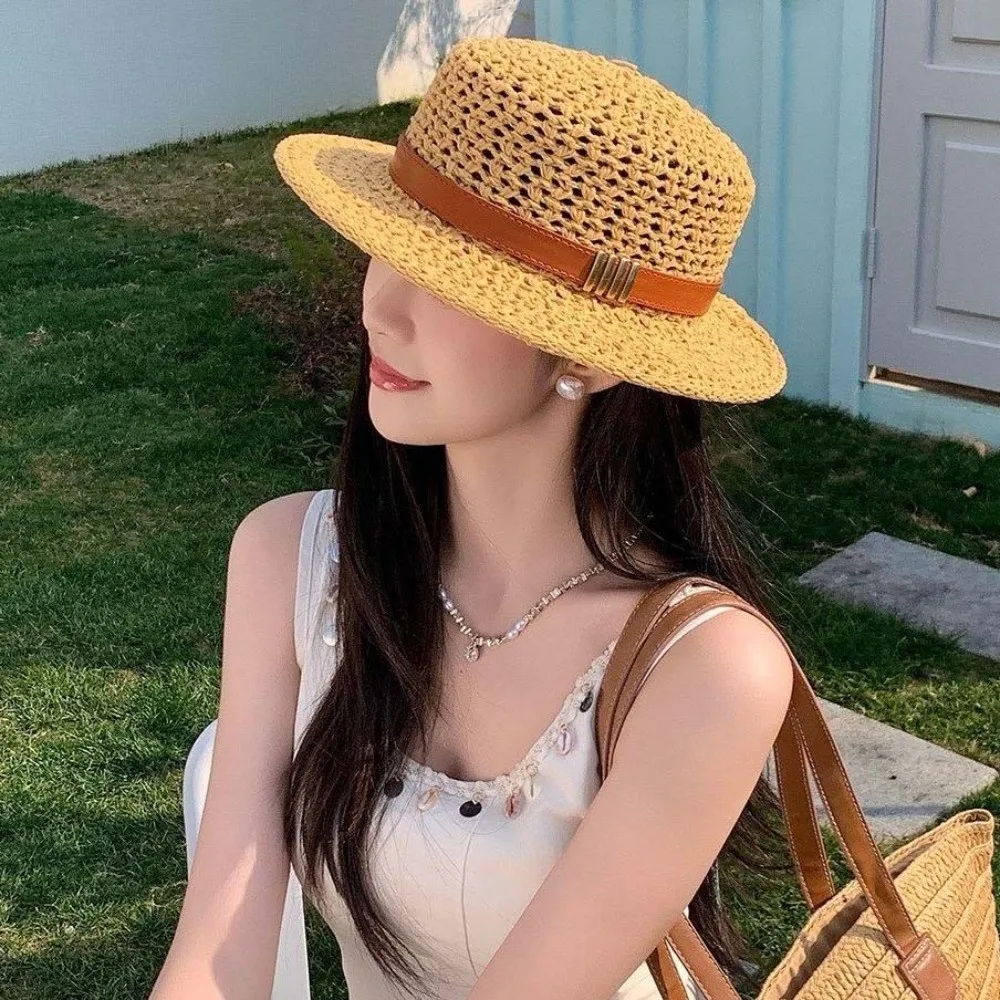 Sun Protection Straw Boater Hat Lightweight Adjustable Handwoven Sun Cap Exquisite Craftsmanship Breathable Mesh