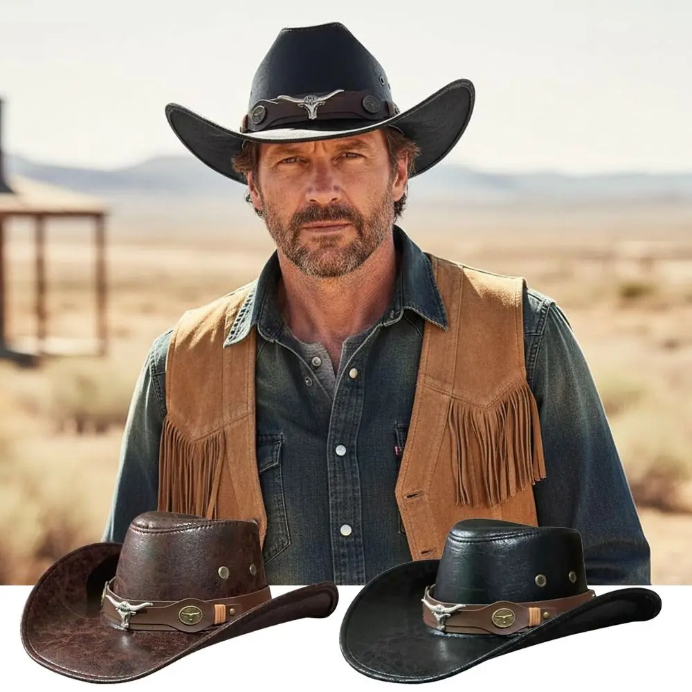 Fashion Bull Head Buckle Western Cowboy Hat Vintage Retro Faux Leather Cowboy Hat Jazz Hat For Men Women Unisex
