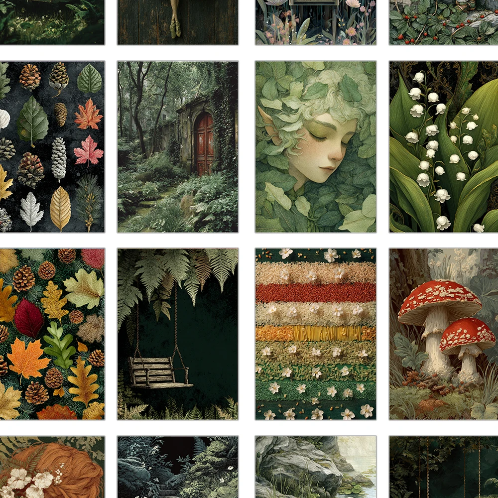 32 Stück Wald-Fantasie-Illustrations-Postkarten, Feenmädchen, Schlafzimmerdekoration für den Innenbereich, Karten, Wandaufkleber, Grußkarten, Memorbilia