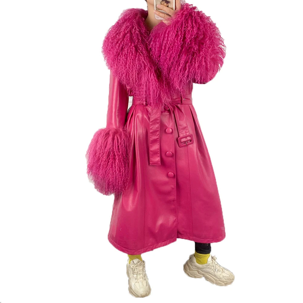 

Denny&Dora Rose Pink Plus Size Women LongGenuine Leather Trench Coat With Mongolia Sheep Fur Collar