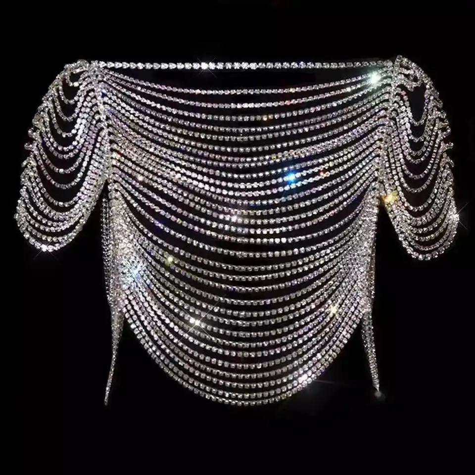 Fashionable Luxury Rhinestone See Through Top, Short Skirt, Body Chain, Sexy Bikini, Tassel, Body Chain Set, Accessories