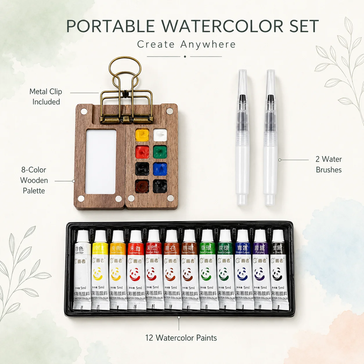 Mini Portable Watercolor Kit, Includes 12-color Watercolor Paints, 2PCS Water Brushes and Wooden Palette Box, Ideal for Travel