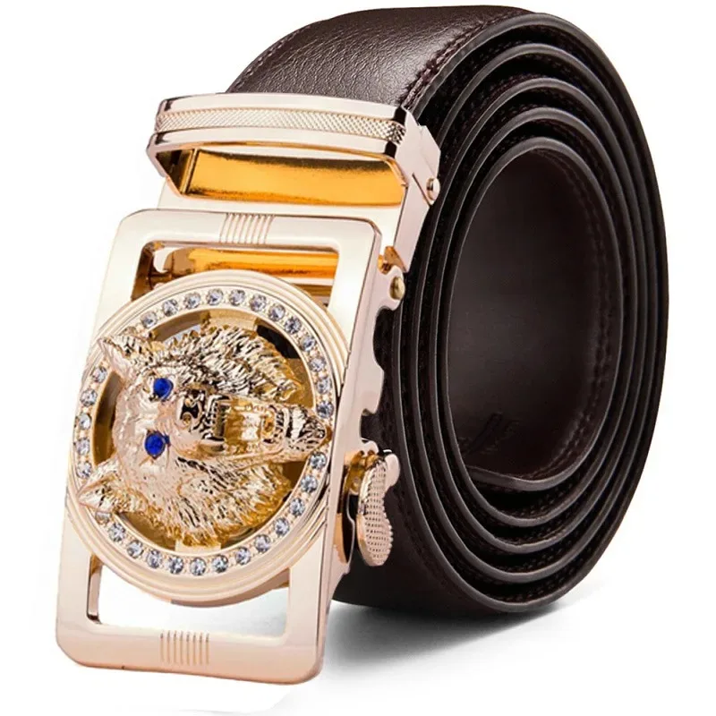 

Мужской ремень из натуральной кожи с автоматической пряжкой, дизайн с головой волка, инкрустация стразами, ажурный, властный деловой стиль, универсальный, формальный
