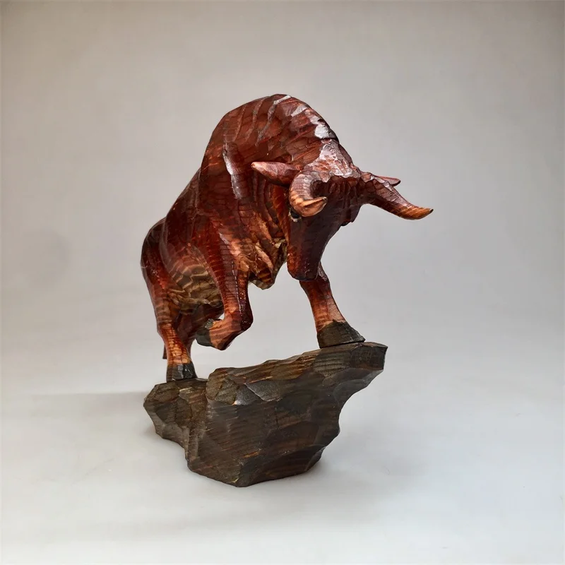 Pure solid wood hand carved to attract wealth, soaring animal feng shui, hotel bar decorations, American creative stocks, bull m