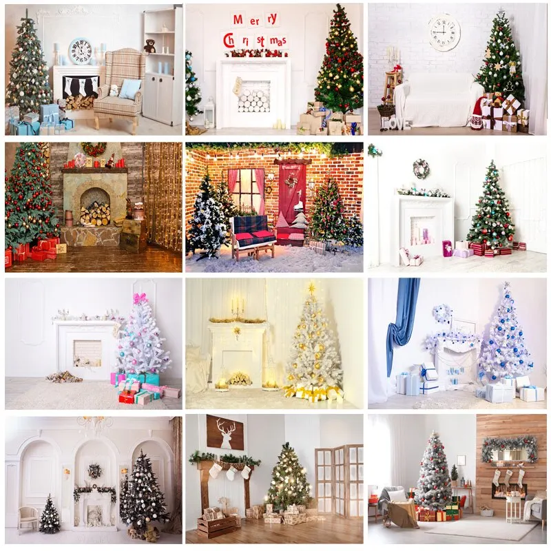 

SHUOZHIKE Art Fabric Christmas Day Photography Backdrops Prop Christmas Tree Fireplace Photographic Background Cloth CHM-004