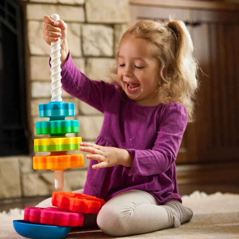 Juguetes Educativos para bebés, torre de arcoíris de colores, bloques de construcción, anillo de pila, juguetes educativos de cognición para niños