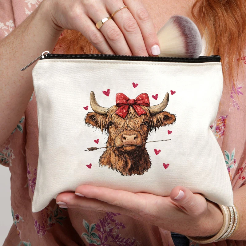 Cow Love Canvas Storage Pouch Perfume Lipstick Cosmetic Bag Travel Office Supplies Pencil Case Wallet Fun Valentine's Day Gifts