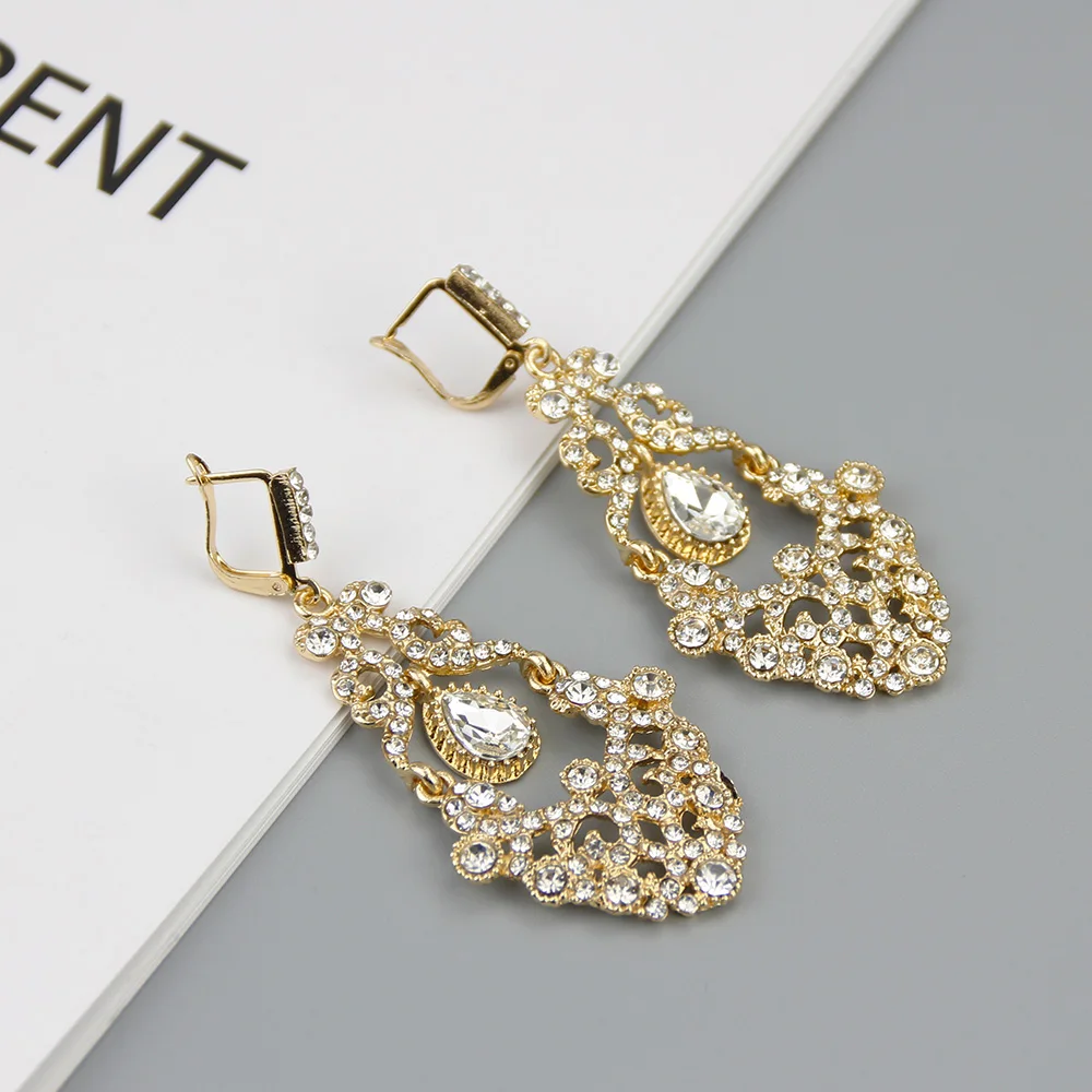 Sunspicems Gold Color Moroccan Crystal Drop Earrings For Women Ethnic Turkish Bride Wedding Jewerly Arabic Dubai Bijoux