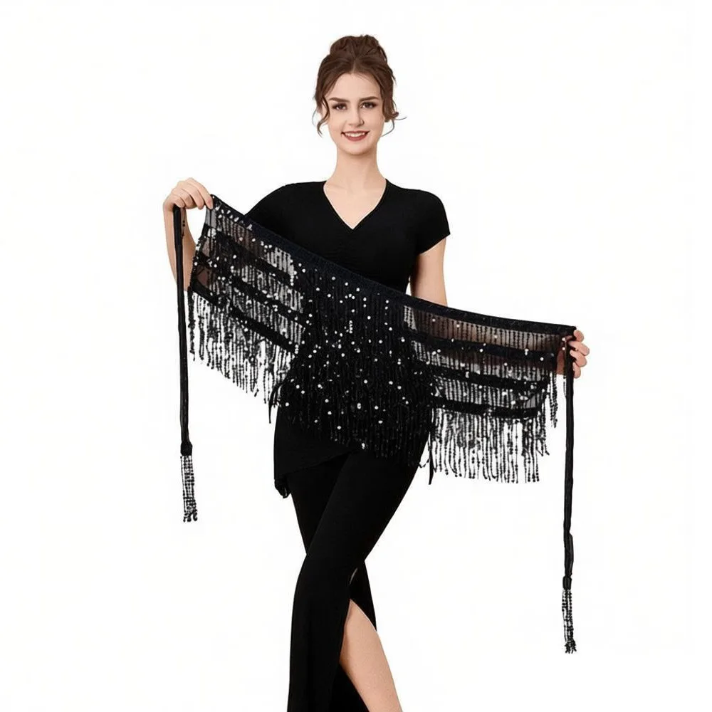 Modna spódnica do tańca brzucha z cekinami, łańcuszkiem i frędzlami, błyszczący strój do tańca brzucha, indyjska chusta do tańca, kostium na występy.