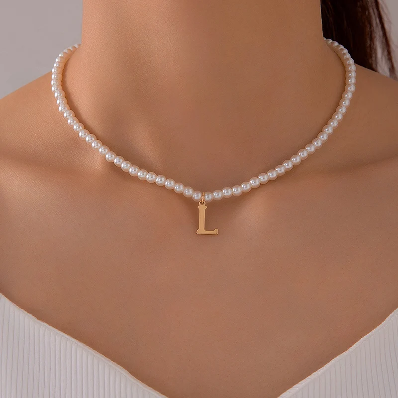 Docona Ins Letter L Hanger Sleutelbeen Ketting Voor Dames Elegante Parelsteen Enkellaags Hals Ketting Бусины Bruiloft Cadeau 23911
