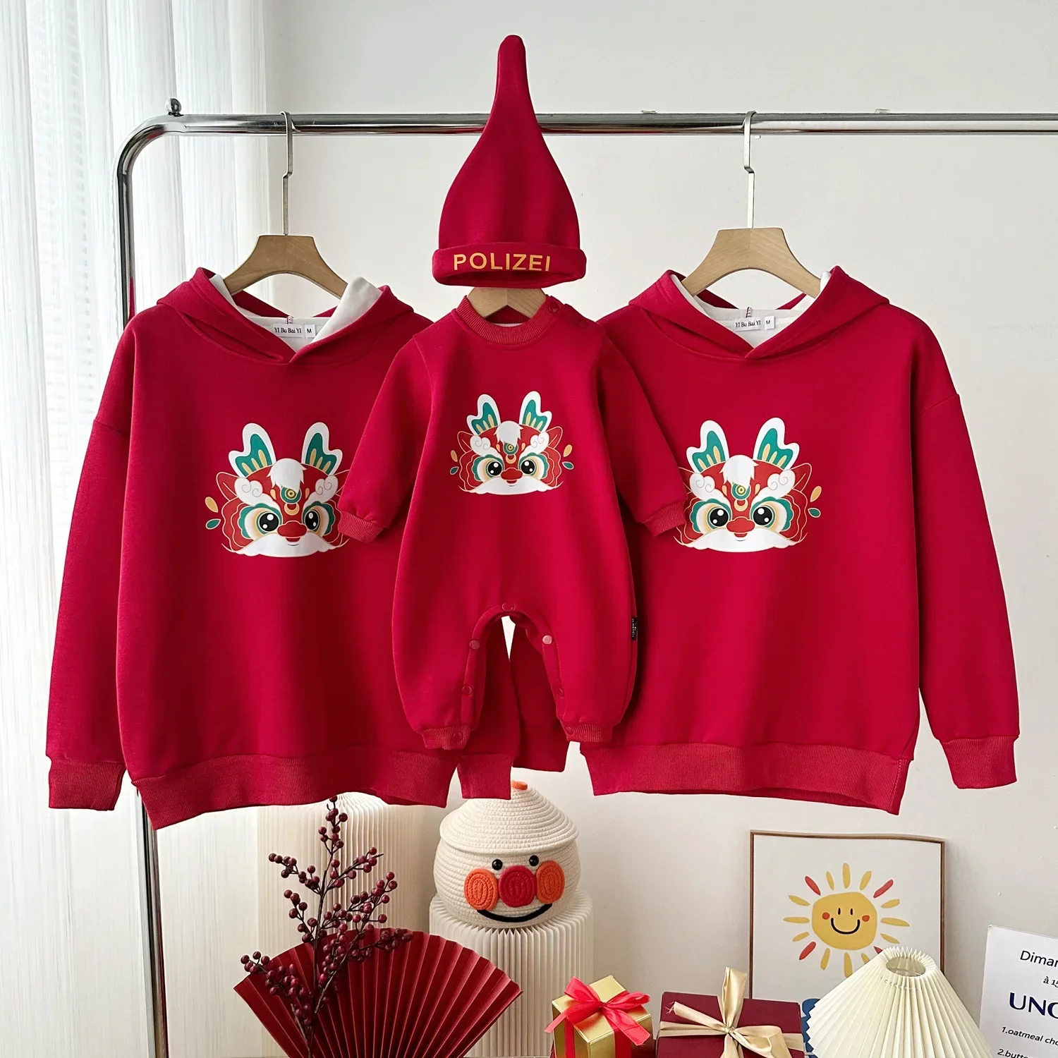 Dragon Year Winter Hooded Sweatshirts for Whole Family Red Chinese Hoodies Dad Mom and Son Daughter Matching Clothes Baby Romper