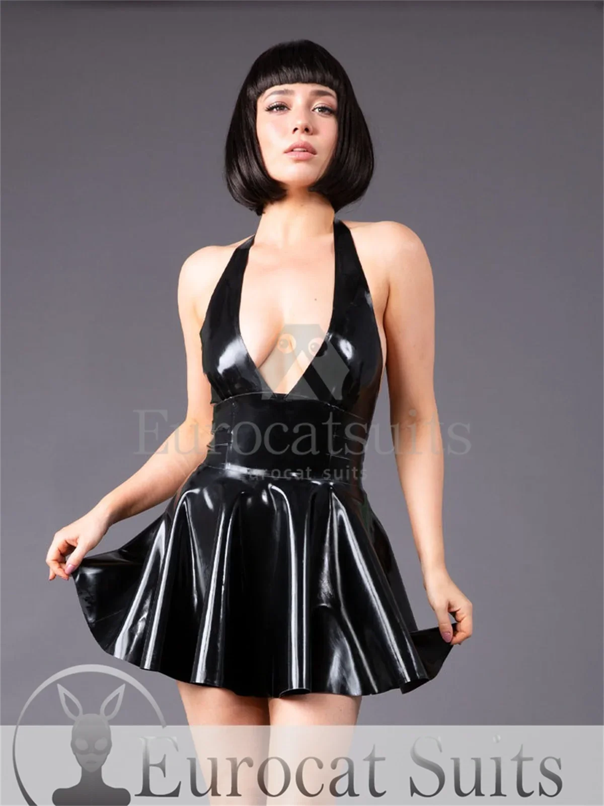 eurocat suits latex dress Black Sexy Tube Rubber Super Plunge Latex Halter Dress Rubber Skirt for Female