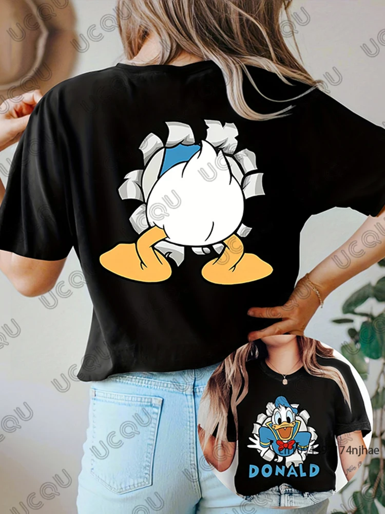 

MINISO New Cartoon Disney Donald Duck Print T-shirt For Women Summer Short Sleeve Cotton Tees American Trend Casual Couple Tops