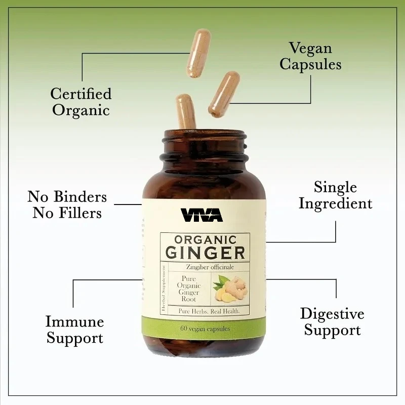 Ginger Supplement - Organic Ginger Capsules | 1200mg pure ginger powder per serving | 60 vegan capsules