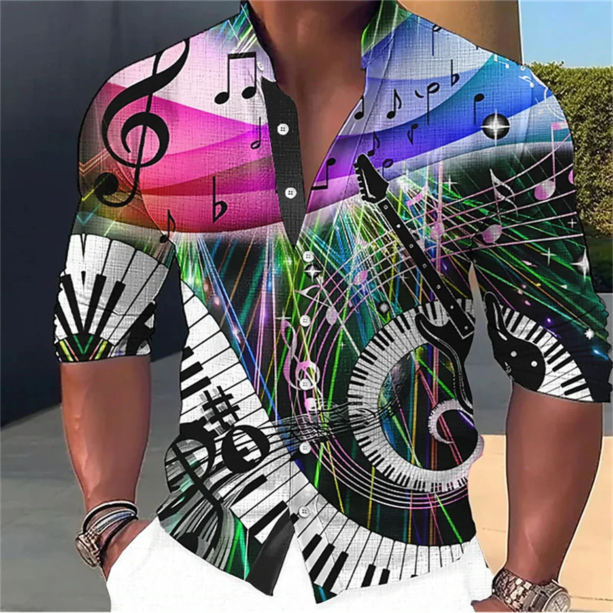 2023 New Men\'s Colorful Music Pattern Printed Long Sleeve Standing Neck Shirt Designer Clothing Soft and Comfortable Fabric