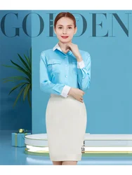 South Korean Flight Attendant Interview Etiquette Suit Costumes Glossy Full Sleeved Shirt Short Sleeved Shirt Skirt Blue Apron