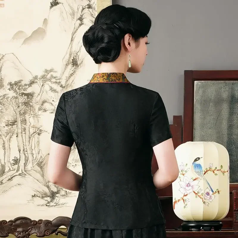 Chinese Style Women Summer Imitation Xiangyunsha Qipao Top V Neck Short Sleeve Improved Cardigan Slim Retro Tang Suit S-XXL view 5
