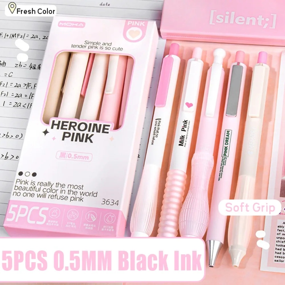 

5PCS/Set High Quality Soft Grip Pocket Pen Press Type Quick Drying Neutral Pen ST Tip 0.5mm Black Ink Writing Tool School Office