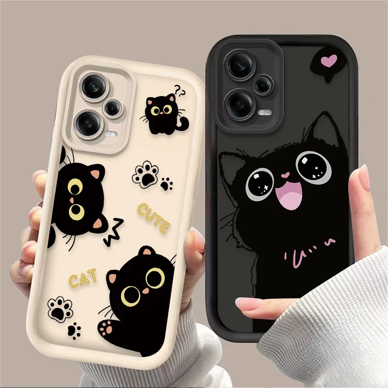 Lovely Black Cat Silicone Phone Case for Xiaomi Redmi Note 13 12 11 Pro Plus 4G 5G 12S 11S 10S 10 9 9S 8 12C 13C A3 Matte Cover