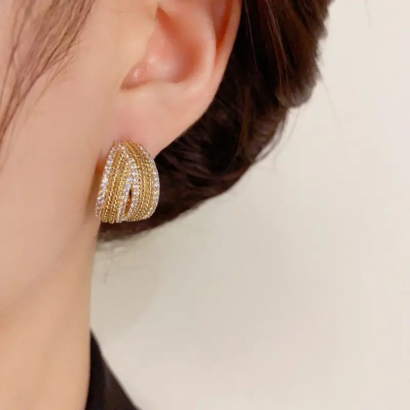 French new design fashion jewelry 14K gold plated C-type metal zircon cross earrings elegant women\'s daily work accessories